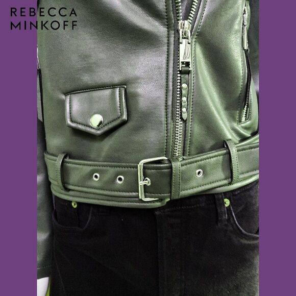 REBECCA MINKOFF NEW OLIVE Faux Leather Belted Waist Moto Jacket M - Picture 6 of 12